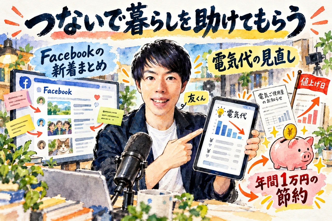 暮らしを助ける連携｜友くんがFacebookの新着まとめと、電気代の見直しで年1万円の節約提案を紹介する場面