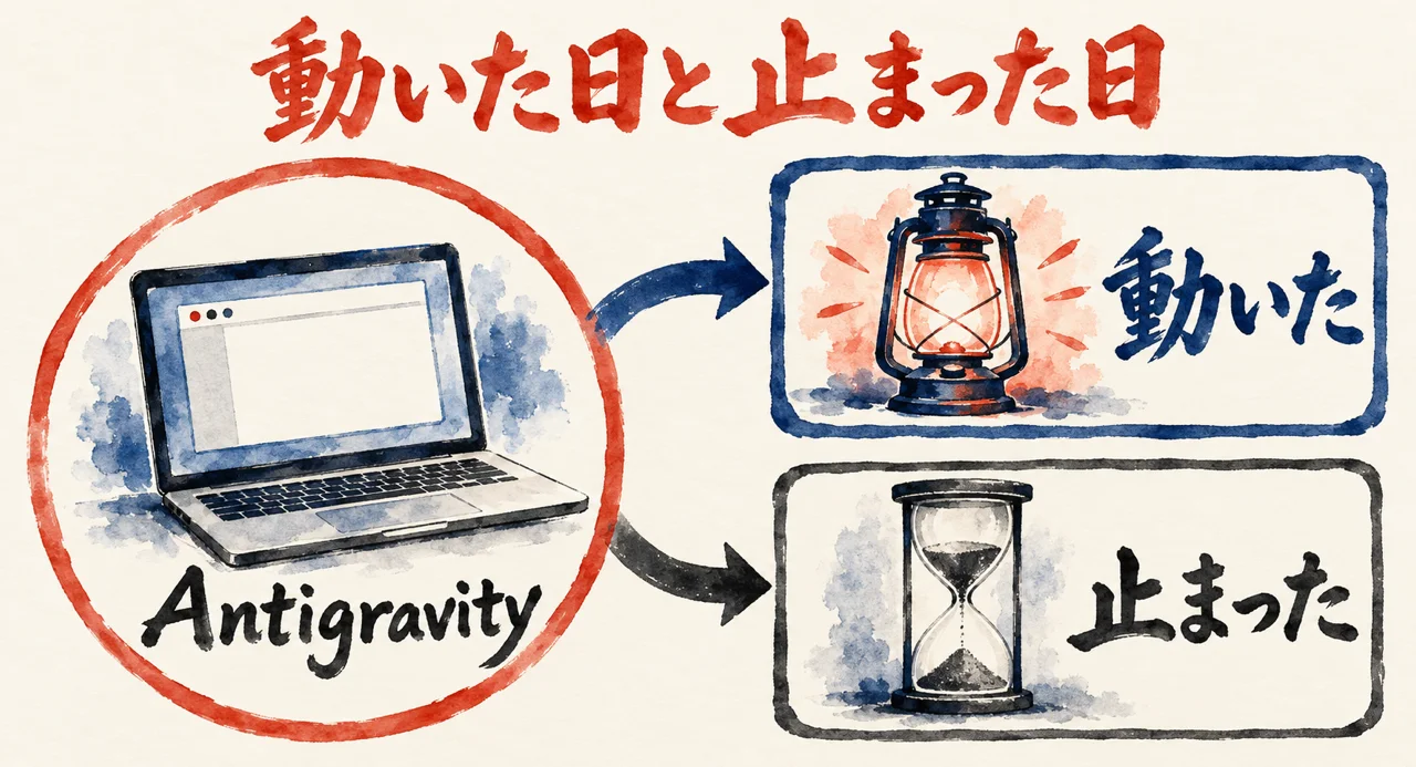 Antigravity の円から、動いた、と、止まった、の二つの札へ矢印が分かれる図解