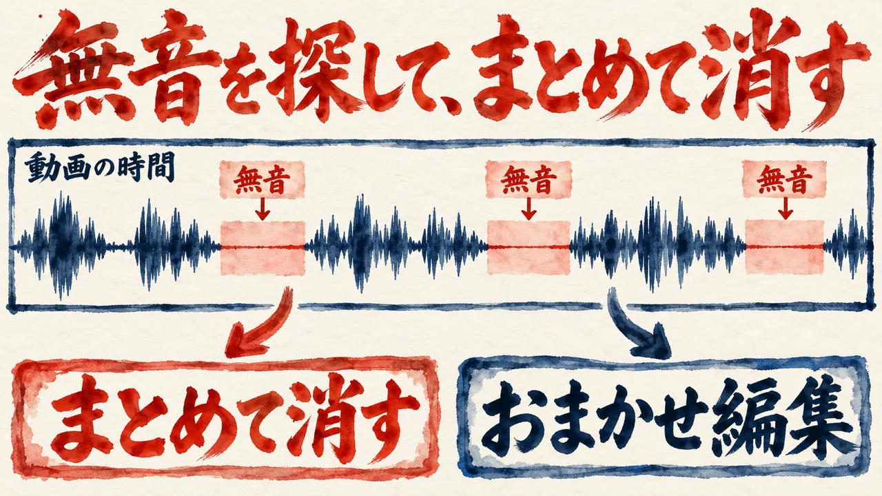 動画の時間の帯に波形が続き、無音の区間が朱色で示され、まとめて消すとおまかせ編集の二つの札が下に並ぶ図解
