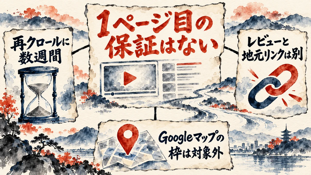 期待値の関係図。中央に1ページ目の保証はないという札、左に再クロールに数週間、右にレビューと地元リンク、下にGoogleマップの枠は対象外