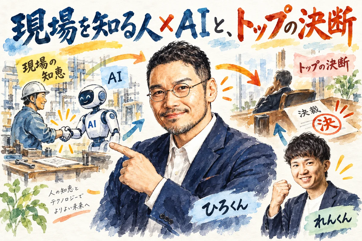現場の人とAIが握手する交差点と、経営者の決断を描いたグラレコ