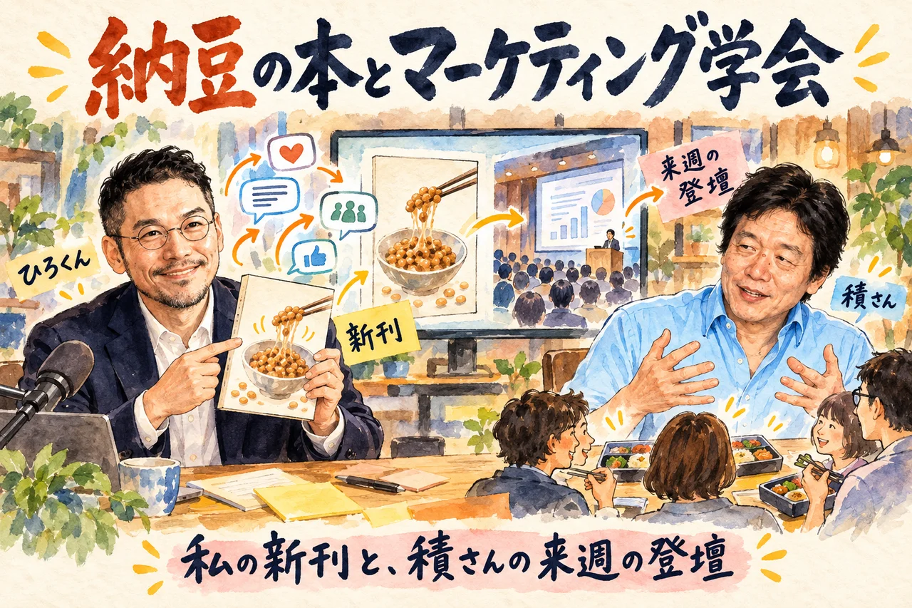 納豆の本とマーケティング学会｜ひろくんが納豆の本を紹介し、積さんが学会の登壇を話す場面