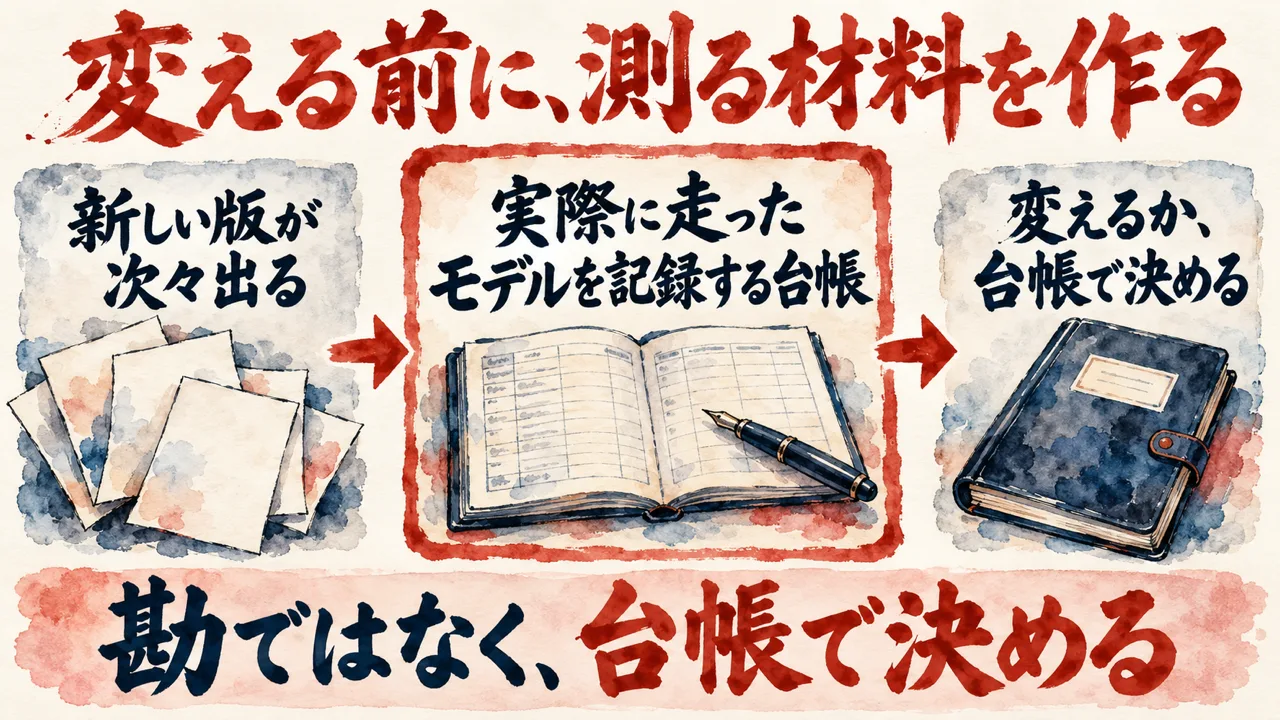 速度感への向き合い方の図解。新しい版が次々出る中で、実際に走ったモデルを仕事ごとに記録する台帳を先に作り、変えるかどうかを台帳で決める流れを示している