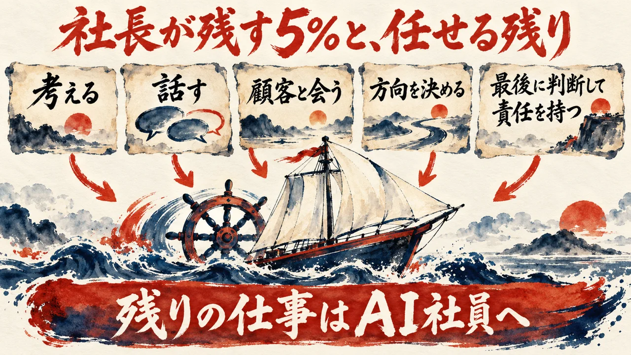 社長が残す5%の図解。考える、話す、顧客と会う、方向を決める、最後に判断して結果に責任を持つ、の5つの札が横一列に並び、残りの仕事をAI社員に任せる矢印が下にある