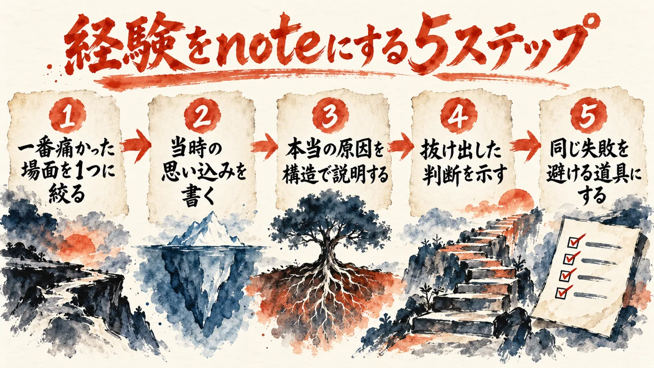 自分の経験を有料noteにする5つの段階を、左から右へ描いた水彩の図解