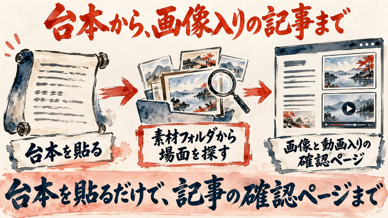 台本を貼ると、本文と画像と動画が入った記事の確認ページが出る流れの図解。左に台本を貼る、真ん中に素材フォルダから場面を探す、右に画像と動画入りの確認ページを矢印でつないで並べている