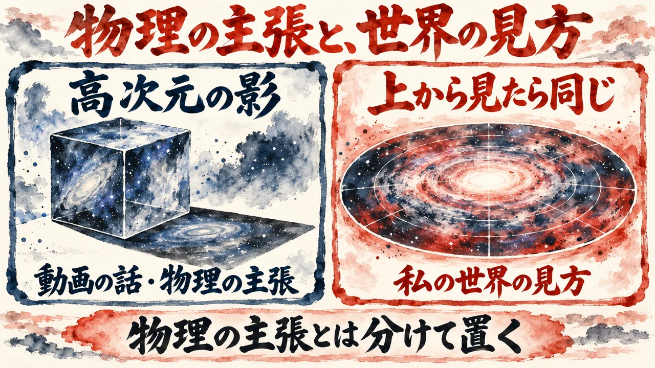 物理の主張と世界の見方を分ける図解。左に、高次元の影として立方体と床に落ちる影、動画の話・物理の主張、右に、上から見たら同じ、として上から見た銀河の円盤、私の世界の見方、と並べ、下に、物理の主張とは分けて置く、と添えている