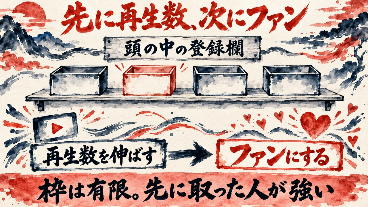 上に四つの登録欄が並び、下に、先に再生数を伸ばし、次にファンにする、の二段の流れを示す水彩の図解