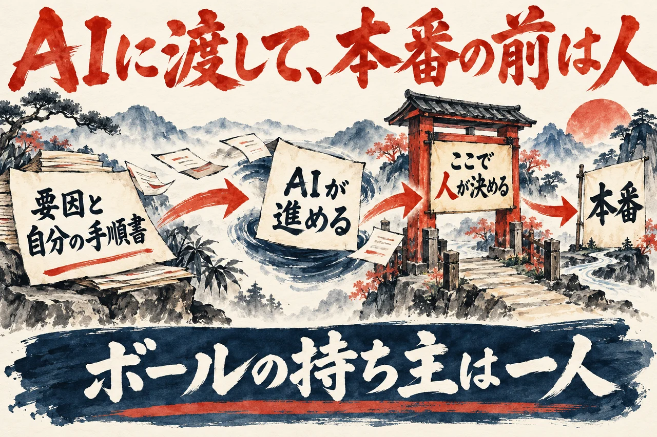 AIに渡す前の図解。左に要因と自分の手順書、中央にAI、右に本番、と並び、本番の手前に人が決める関所が立っている
