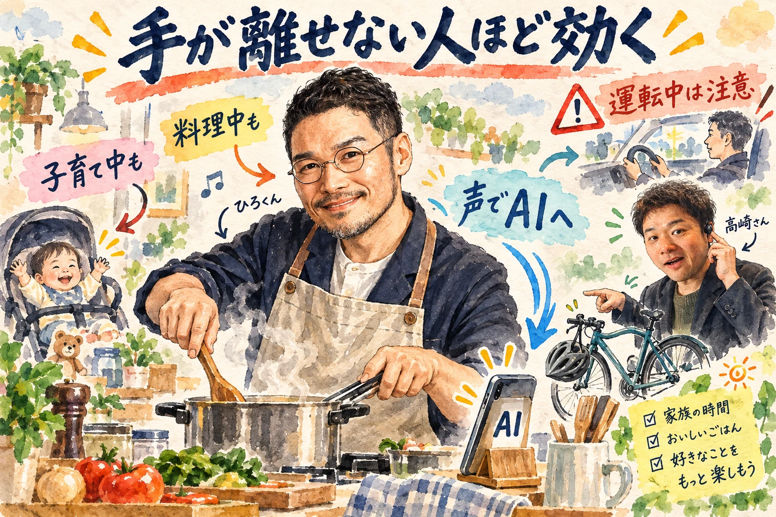 子育て・料理・自転車のハンズフリー活用と、運転中の注意を描いたグラレコ
