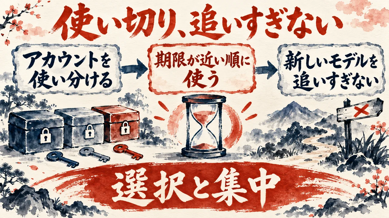 アカウントの使い分けの図解。左にアカウントを使い分ける、中央の朱色の枠に期限が近い順に使う、右に新しいモデルを追いすぎない、と矢印で並べ、下に選択と集中、と添えている