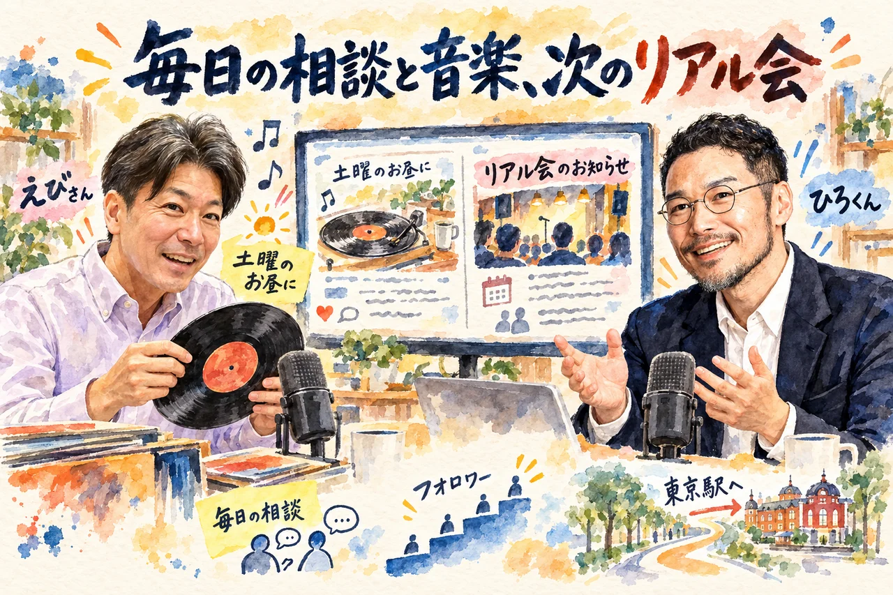 えびさんの音楽企画とLIVEの最後のお知らせ｜えびさんとひろくんが笑顔で話す場面