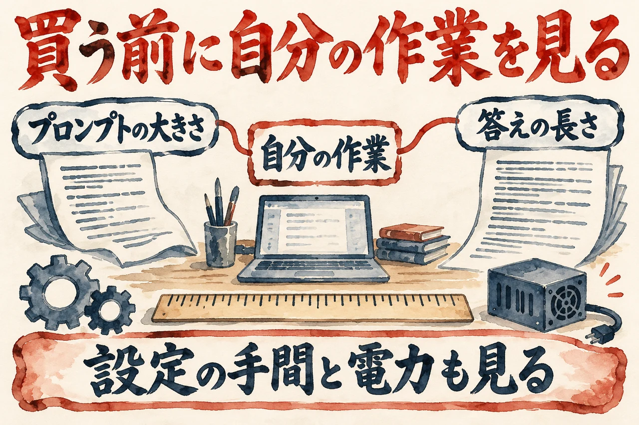 買う前に見る二つの数字の図解。左にプロンプトの大きさ、右に答えの長さ、と並び、中央に自分の作業、下に設定の手間と電力も、と添えている