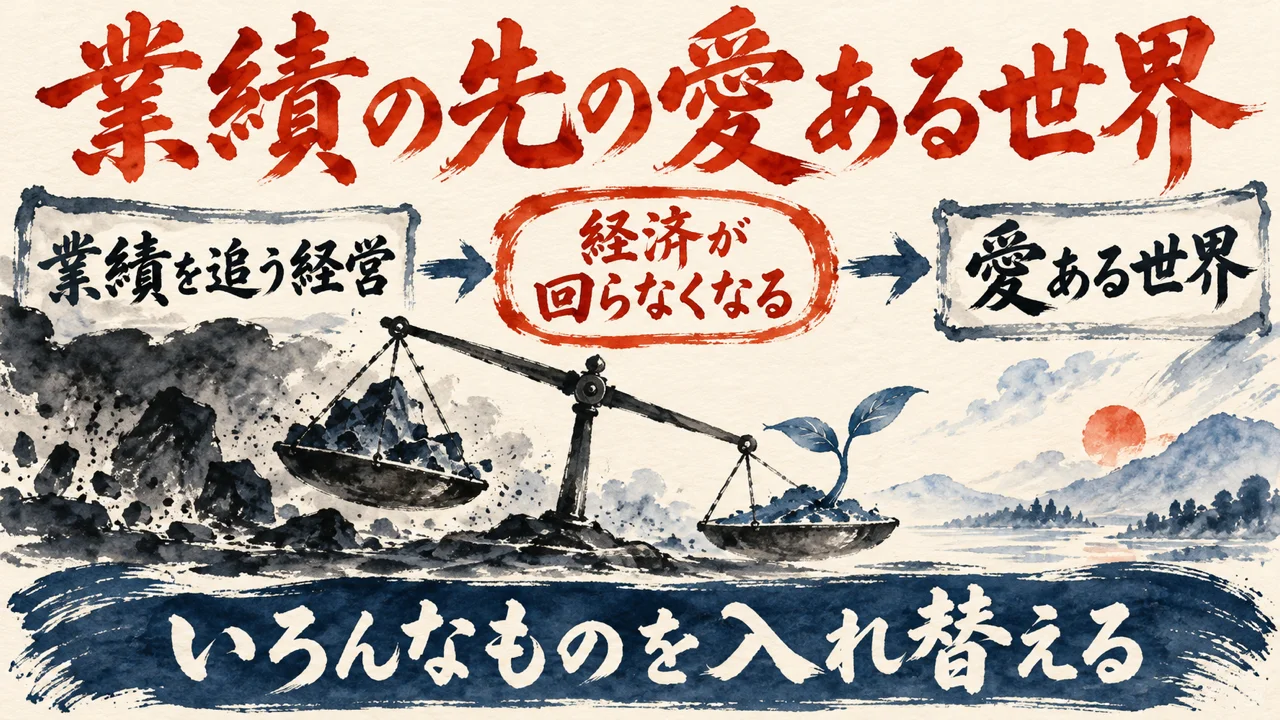 業績の先の図解。左の札に業績を追う経営、中央の朱色の枠の札に経済が回らなくなる、右の札に愛ある世界を矢印でつなぎ、下の帯にいろんなものを入れ替える、と書かれている