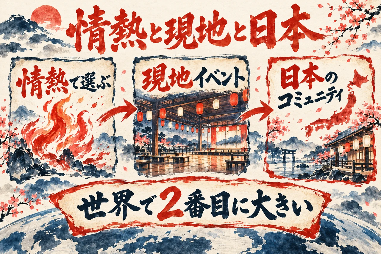 情熱とイベントと日本の図解。左に情熱で選ぶ仕事、真ん中に現地イベント、右に日本のコミュニティ、下に世界で2番目に大きい、と並んでいる