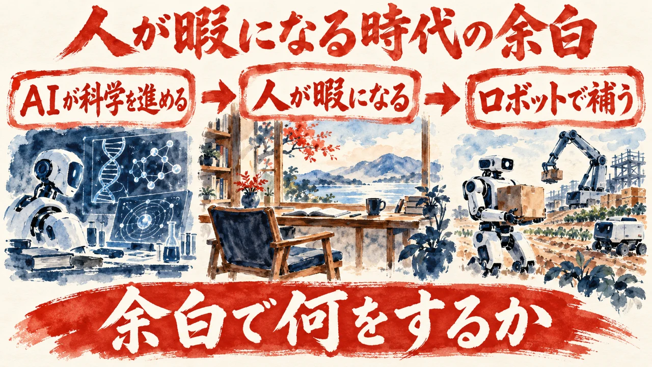 和紙に描いた水彩の図解。AIが科学を進める、人が暇になる、ロボットで補う、の3つが矢印でつながり、実験室、窓辺の机と空いた椅子、農地で荷物を運ぶロボットが描かれ、下の帯に余白で何をするか、と書かれている。