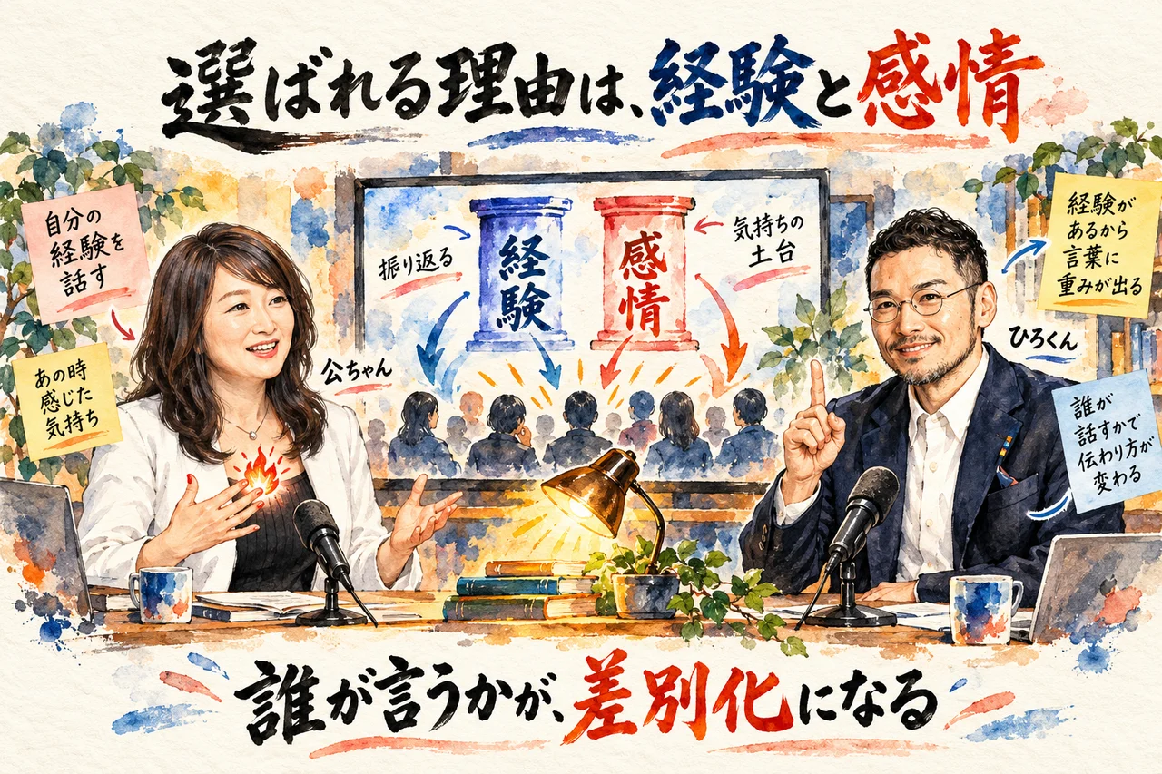 選ばれる理由は自分の経験とその時の感情にある｜公ちゃんが胸に手を当てて語り、ひろくんが誰が言うかの差別化を伝える場面