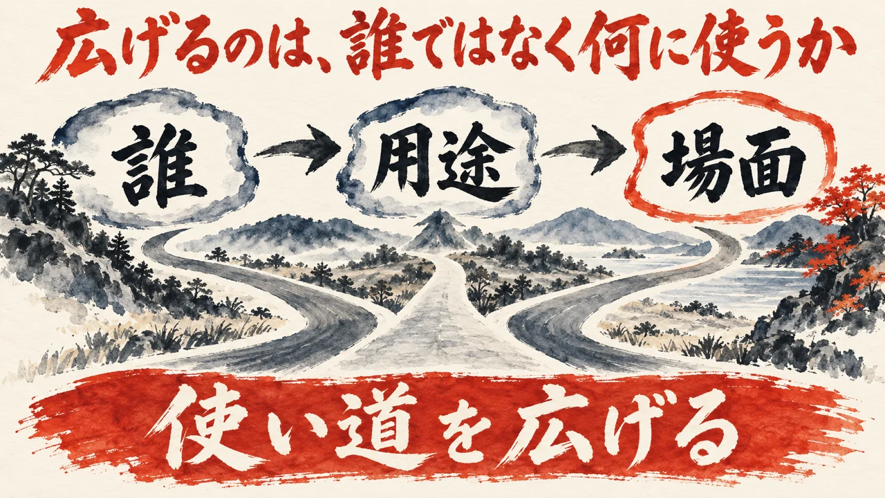和紙に描いた水彩の図解。誰、用途、場面、の3つが矢印でつながり、下の帯に使い道を広げる、と書かれている。