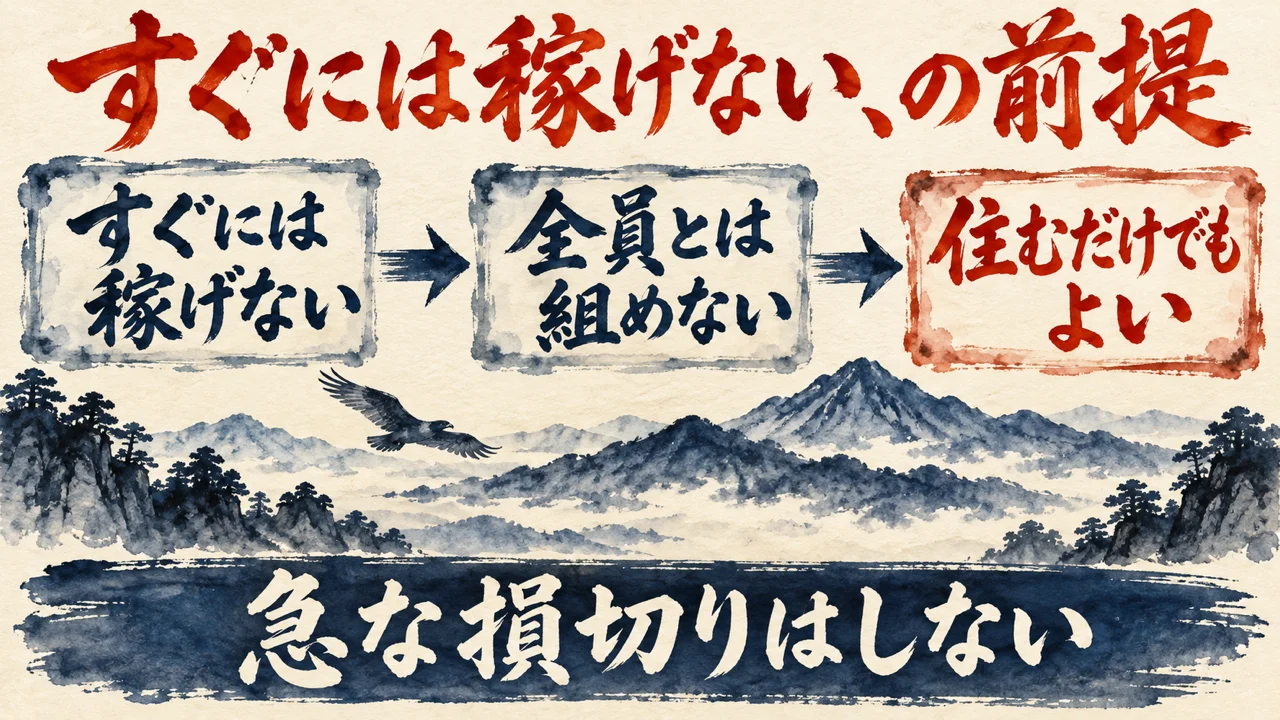 すぐには稼げない、の前提をテーマにした図解。すぐには稼げない、全員とは組めない、住むだけでもよい、の3つの枠と、山の上を低く飛ぶ一羽の鳥の水彩の絵