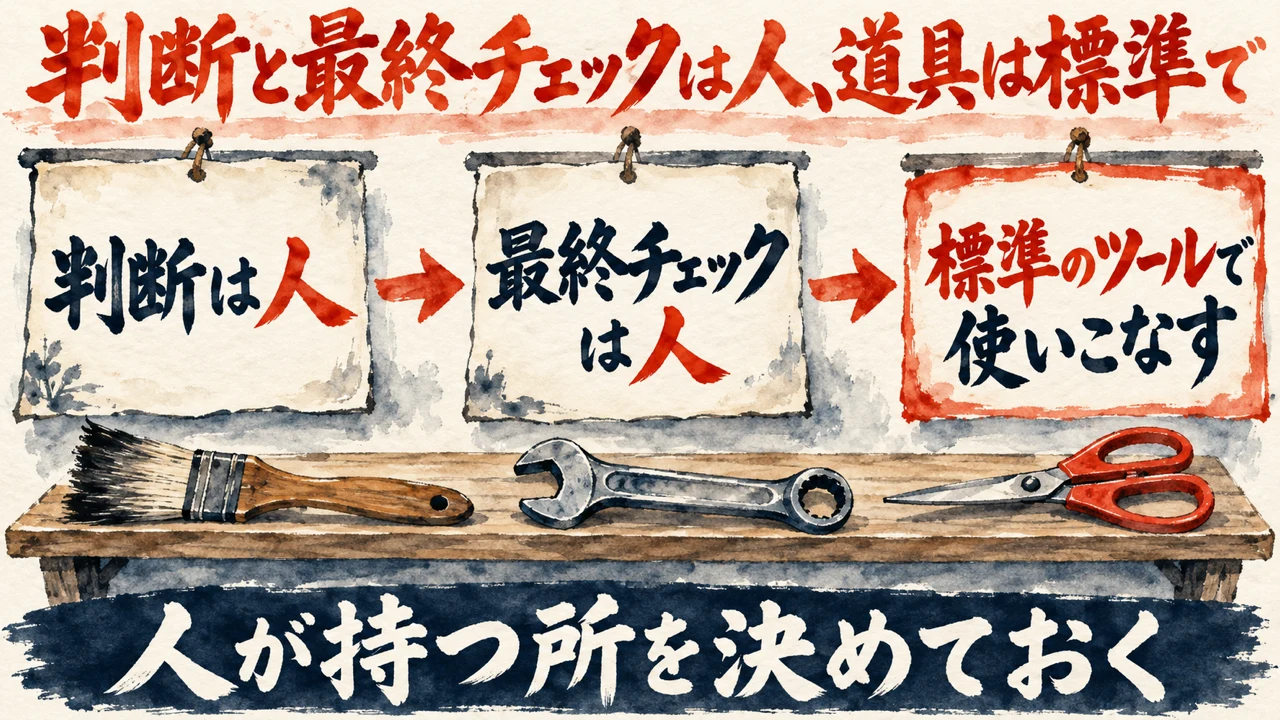 和紙に描いた水彩の図解。判断は人、最終チェックは人、標準のツールで使いこなす、の3つが矢印でつながり、下の帯に人が持つ所を決めておく、と書かれている。