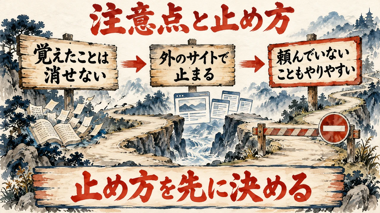 「使う前の注意点」の図解。「覚えたことは消せない」「外のサイトで止まる」「頼んでいないこともやりやすい」の三つの札と、止まれの札の水彩画。下の帯に「止め方を先に決める」