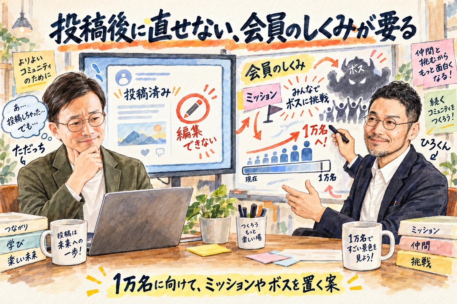 投稿後に直せない会員のしくみが要る｜1万名に向けてミッションやボスを置く案