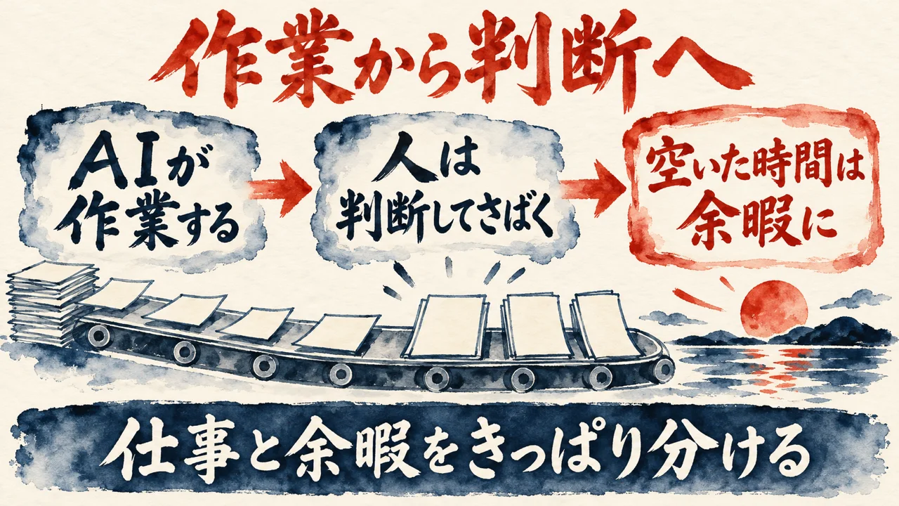 作業から判断への図解。AIが作業する、人は判断してさばく、空いた時間は余暇に、の3枚の札が矢印でつながり、下の帯に仕事と余暇をきっぱり分けると書かれている。