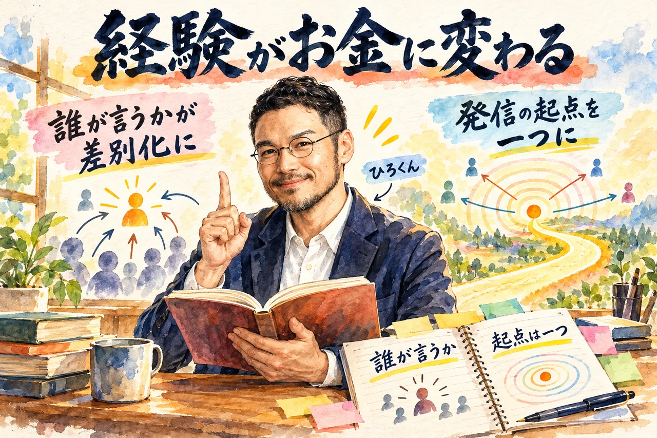 『経験がお金に変わる』に学ぶ｜ひろくんが一冊の本を開き、誰が言うかが差別化になると指を一本立てて伝える場面