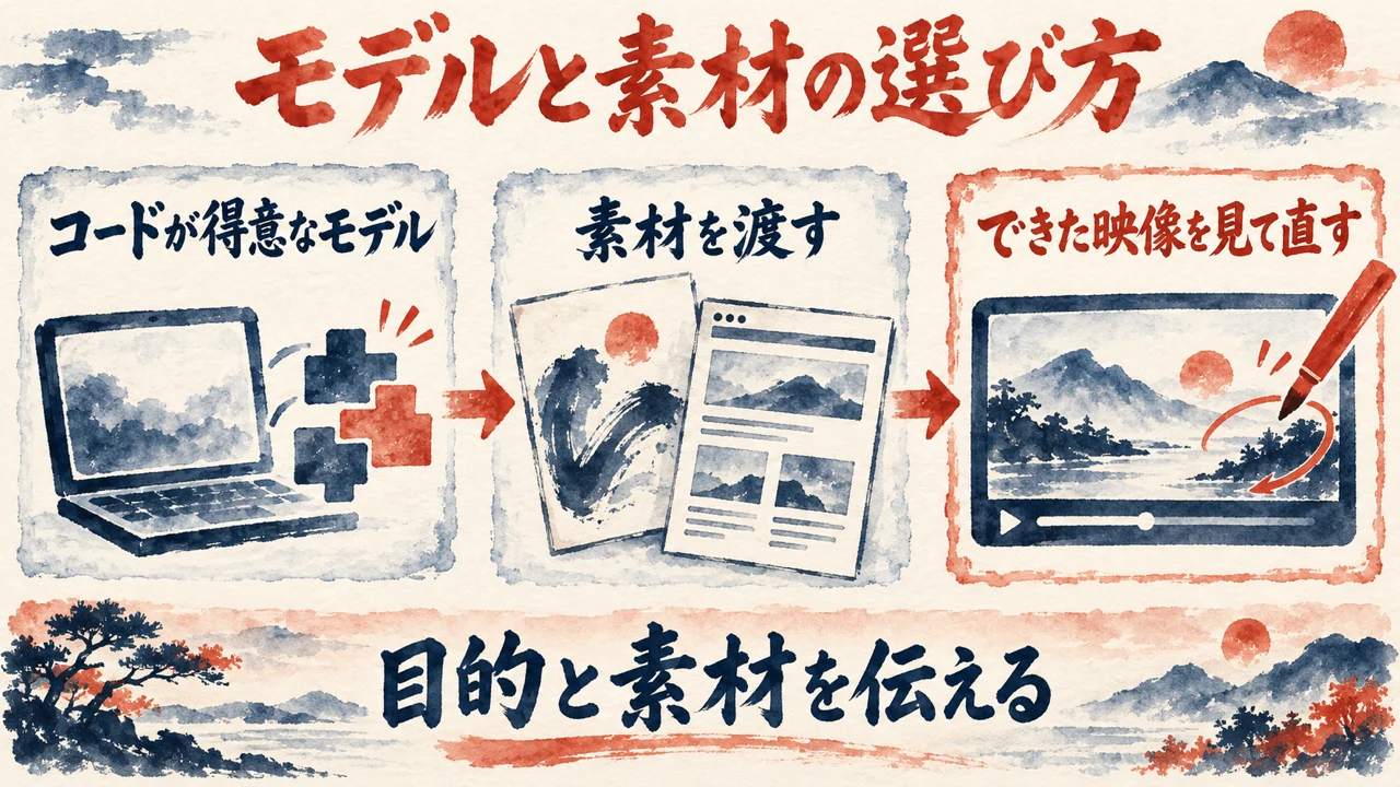 図解: コードが得意なモデル、素材を渡す、できた映像を見て直す。目的と素材を伝える