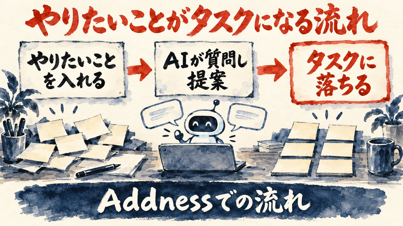 「実演の流れ」の図解。「やりたいことを入れる」「AIが質問し提案」「タスクに落ちる」の三つの札が矢印で並び、下の帯に「Addnessでの流れ」