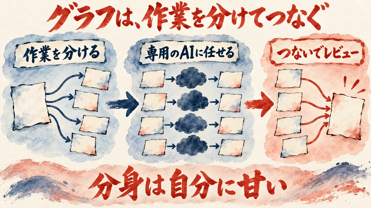 グラフは作業を分けてつなぐ、という図解。作業を分けて専用のAIに任せ、つないでレビューする流れ。下の帯に、分身は自分に甘い、と描かれている