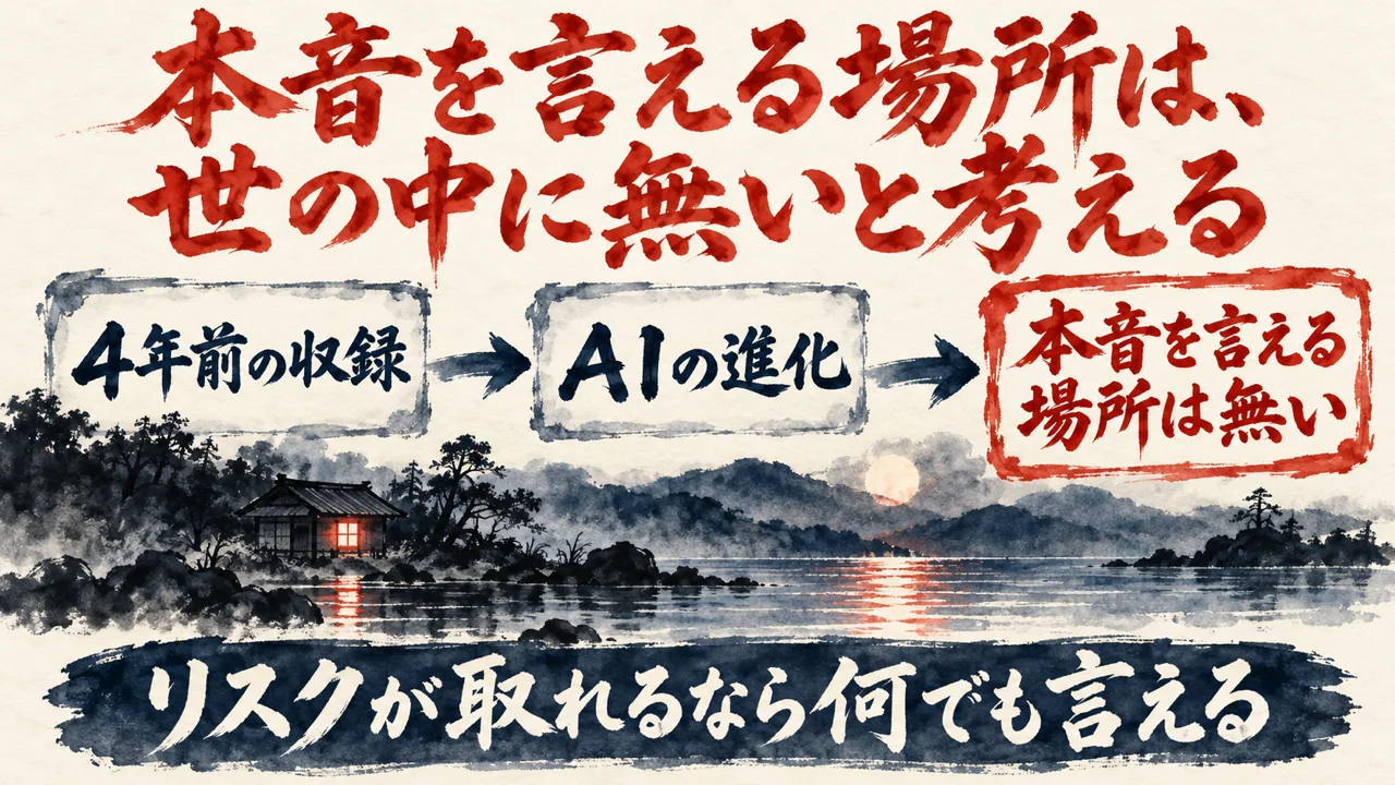 図解。4年前の収録、AIの進化、本音を言える場所は無い、の三つの札に、湖畔の小屋の水彩画が描かれ、下の帯にリスクが取れるなら何でも言えるの文字。見出しは本音を言える場所は、世の中に無いと考える