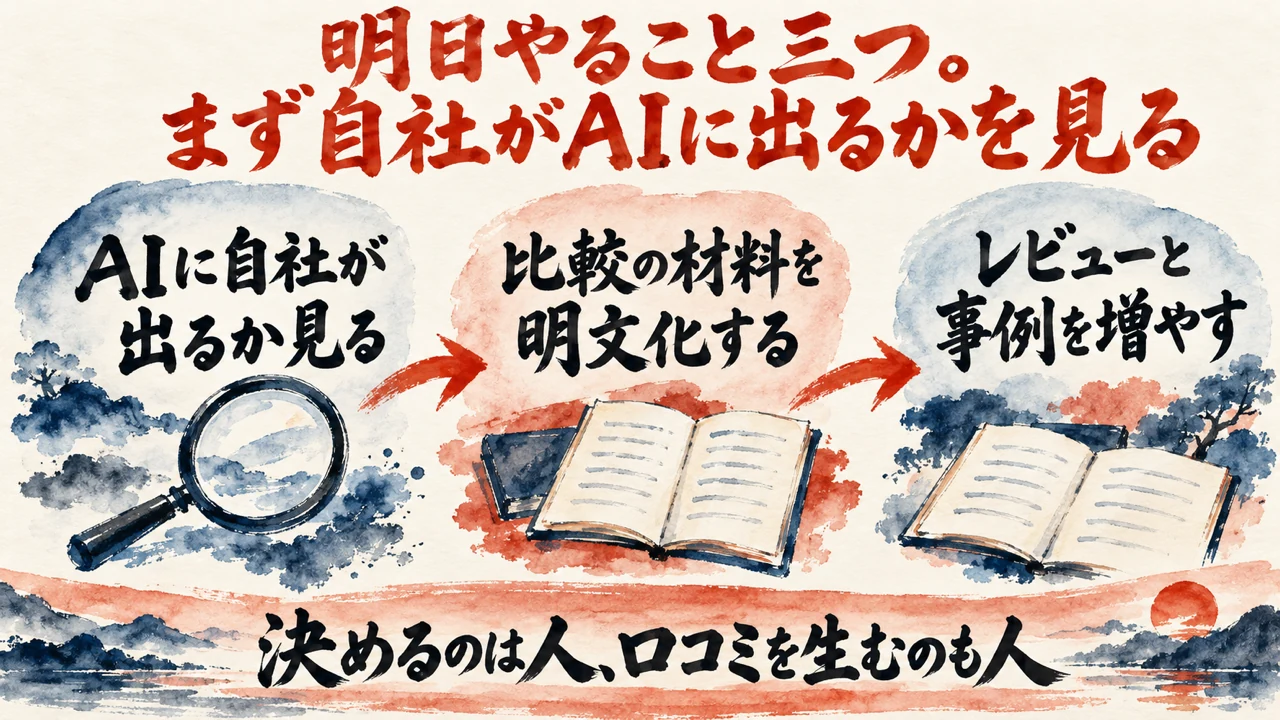 図解。自社がAIに出るかを見る、比較の材料を明文化する、レビューと事例を増やす、の三つの札に、虫眼鏡と開いた本の水彩画が描かれ、下の帯に決めるのは人、口コミを生むのも人の文字が入っている。見出しは明日やること3つ。まず、AIに自社が出るかを自分の目で見る