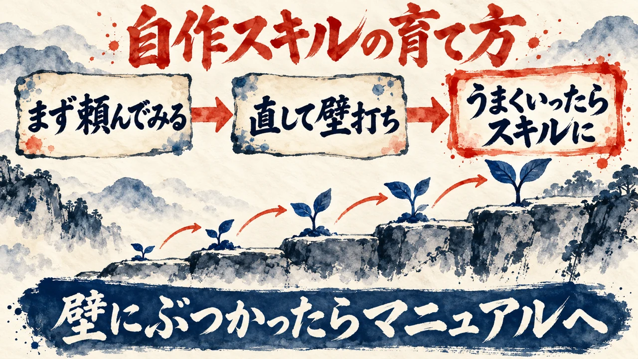 図解 まず頼んでみて、直して壁打ちし、うまくいったらスキルにする、自作スキルの育て方。石段を上る苗木の水彩の絵