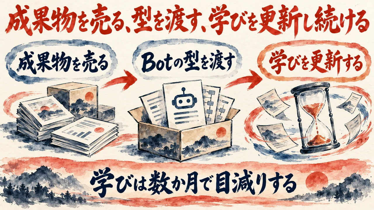 成果物を売る、型を渡す、学びを更新し続ける、という図。成果物の束、Botの型の箱、砂時計の3つが並ぶ