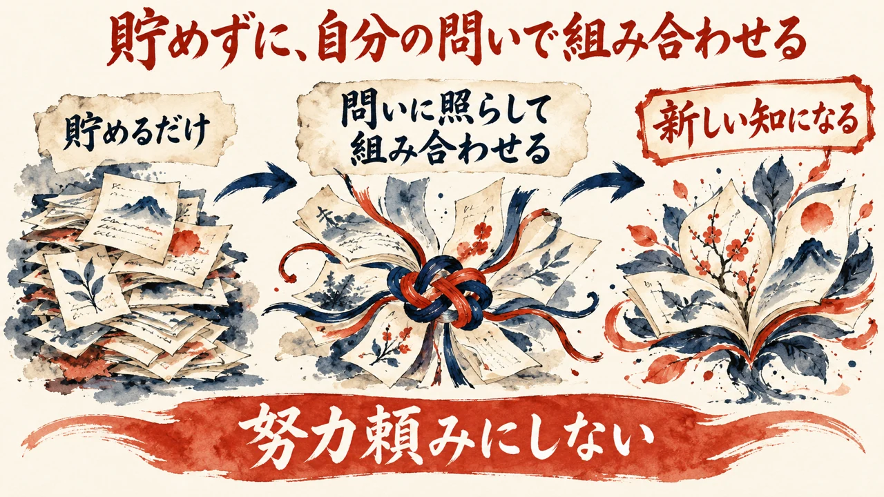 図解。貯めるだけ、問いに照らして組み合わせる、新しい知になる、の三つの札に、積まれた紙の束、赤と紺の紐で結ばれた紙、開いた本から芽が出る水彩画が描かれ、下の帯に努力頼みにしないの文字。見出しは貯めずに、自分の問いで組み合わせる