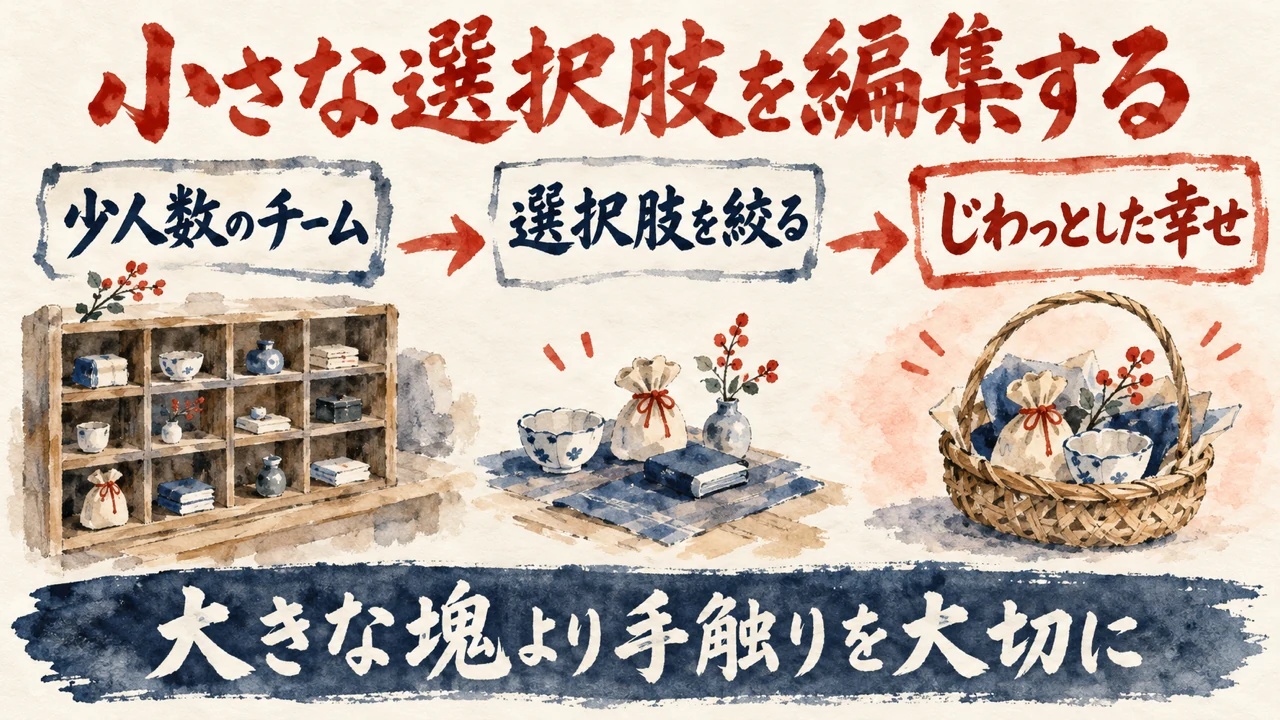 図解。見出しは小さな選択肢を編集する。少人数のチーム、選択肢を絞る、じわっとした幸せ、の三つの札が矢印で並び、小さな箱の棚、器と包みの小品、籠に入った小品の水彩画、下の帯に大きな塊より手触りを大切に