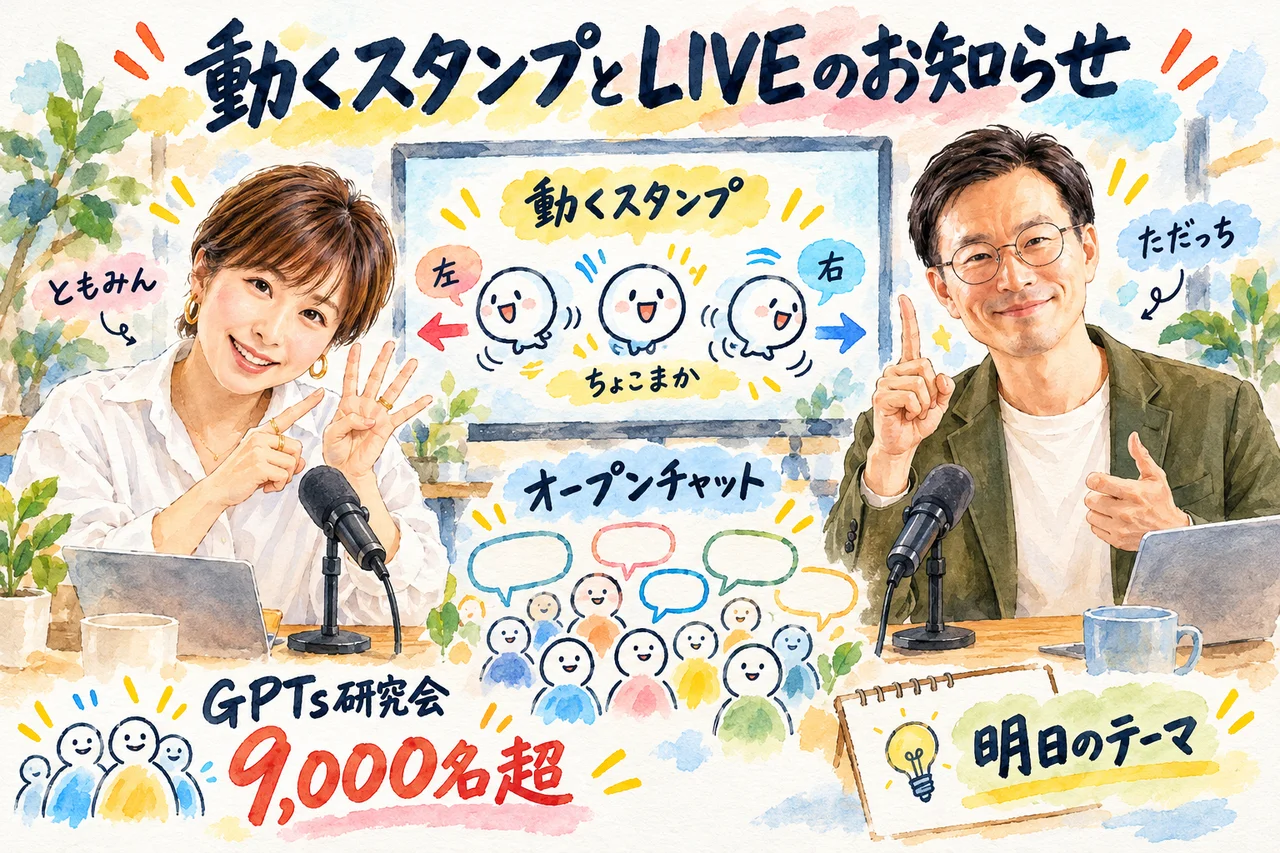 動くスタンプの指示とLIVEのあとのお知らせ|オープンチャットとGPTs研究会9000名超の案内の図