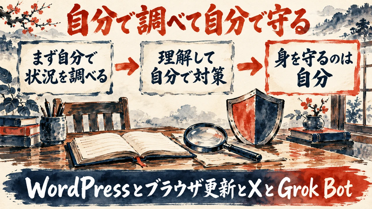 図解。見出しは自分で調べて自分で守る。まず自分で状況を調べる、理解して自分で対策、身を守るのは自分、の三つの札が矢印で並び、下の帯にWordPressとブラウザ更新とXとGrok Bot