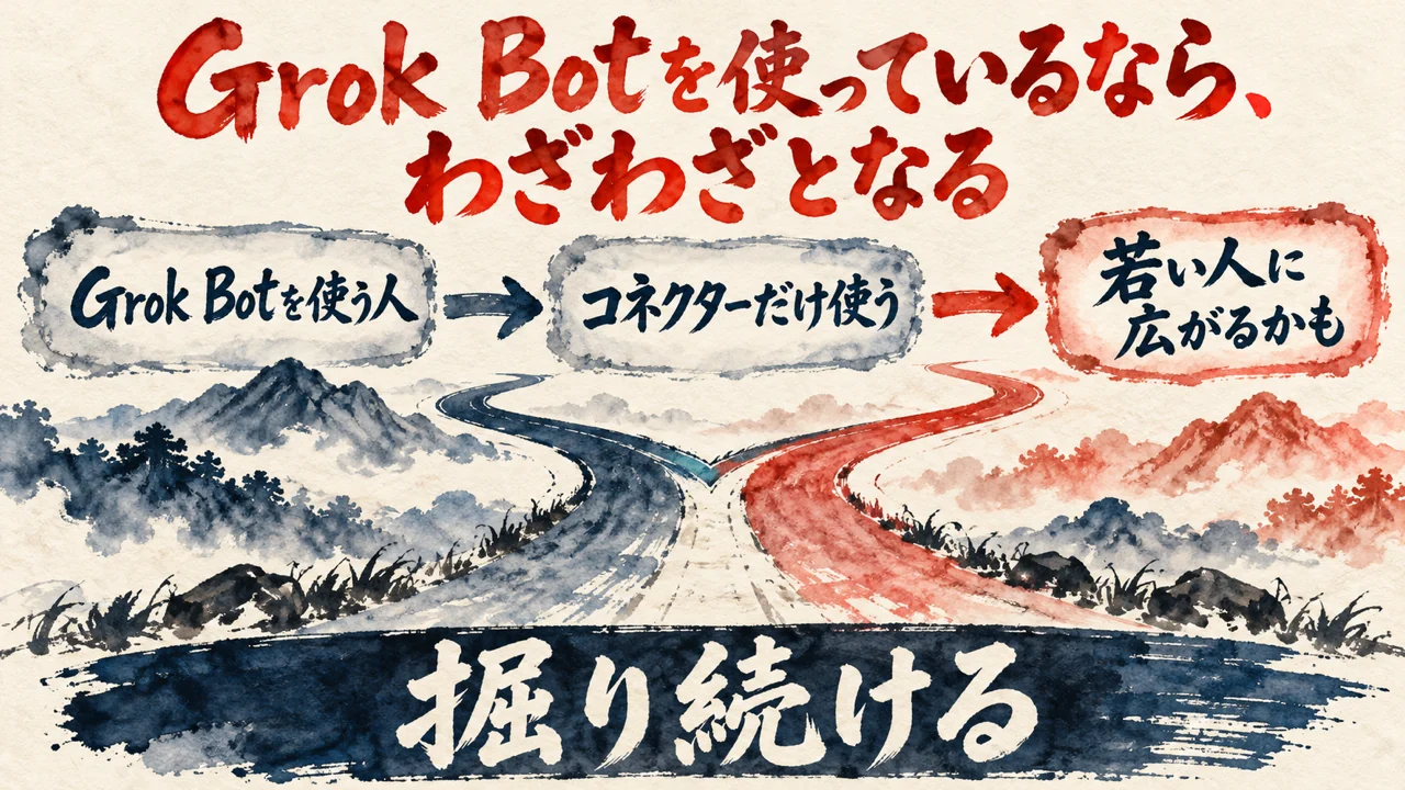 図解。Grok Botを使う人、コネクターだけ使う、若い人に広がるかも、の三つの札に、二つに分かれる道の水彩画が描かれ、下の帯に掘り続けるの文字。見出しはGrok Botを使っているなら、わざわざとなる