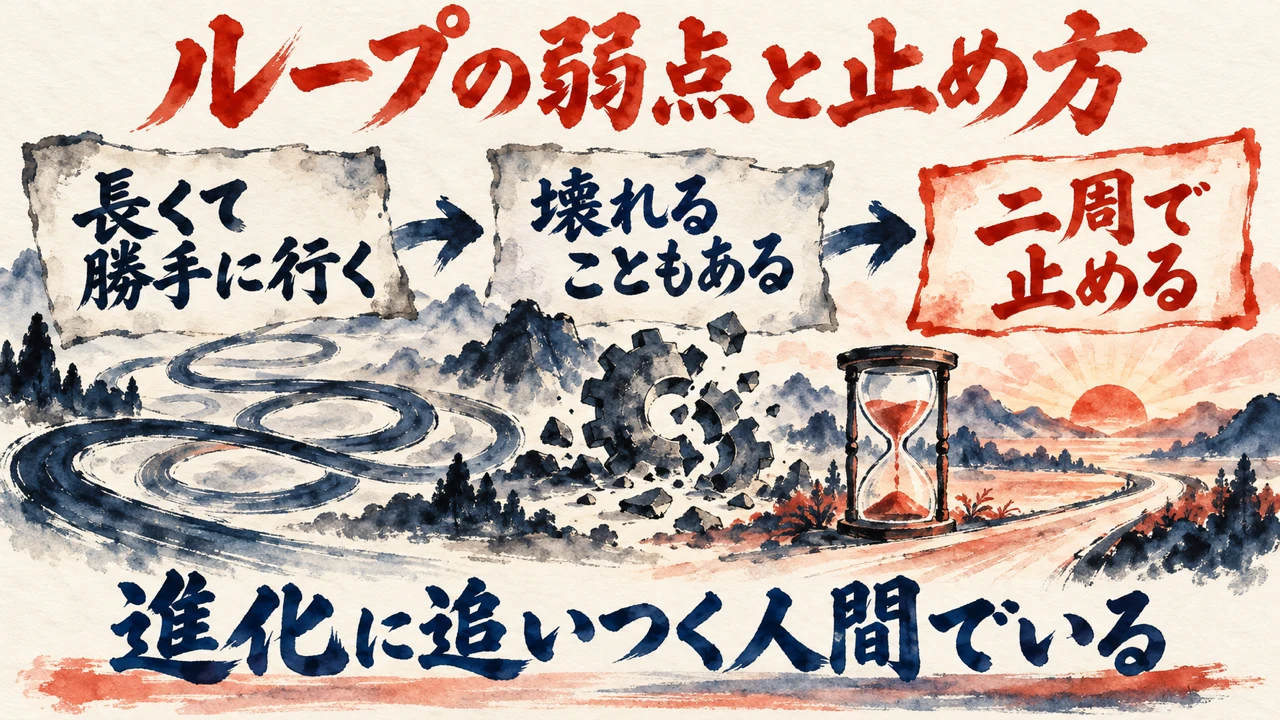 図解。長い、壊れることもある、二周で止める、の三つの札が矢印で並び、水彩画が添えられている