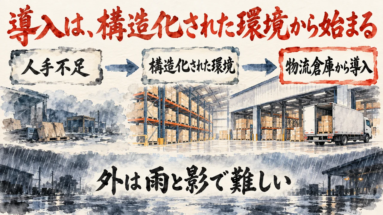 図解。人手不足、構造化された環境、物流倉庫から導入、の三つの札と、整った倉庫の棚とトラックの水彩画。下の帯に外は雨と影で難しいの文字。見出しは導入は、構造化された環境から始まる