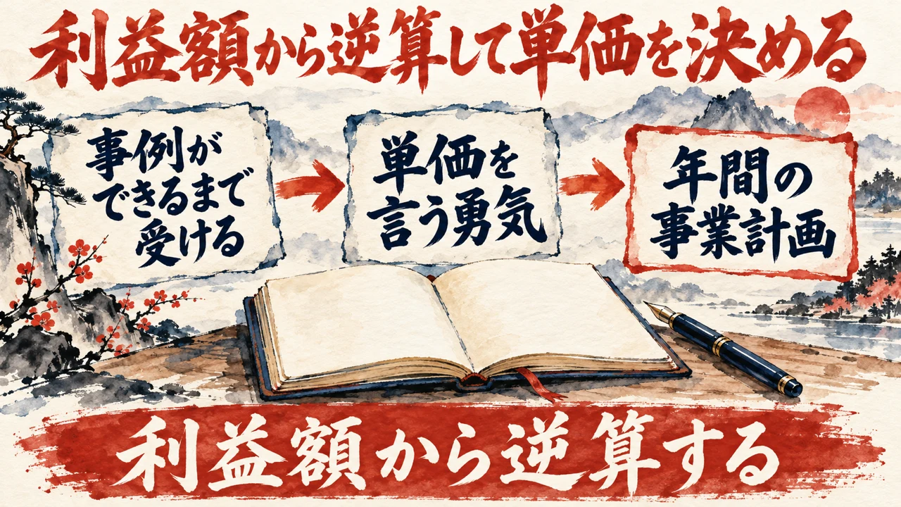 図解。事例ができるまで受ける、単価を言う勇気、年間の事業計画、の三つの札が矢印で並び、下の帯に利益額から逆算するの文字。見出しは利益額から逆算して単価を決める