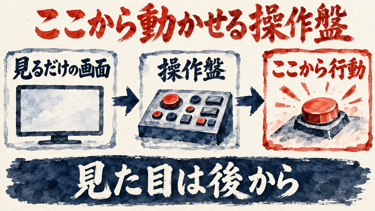眺めるだけの画面と、ボタンを押して動かせる操作盤を並べた水彩の図解
