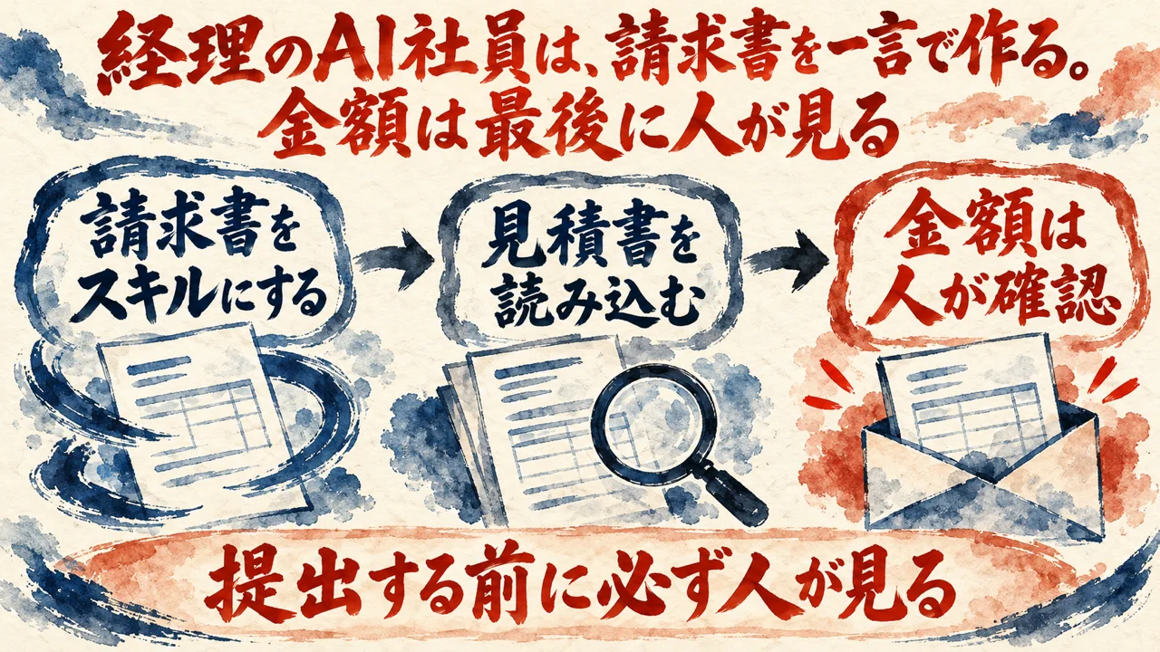 図解。請求書をスキルにする、見積書を読み込む、金額は人が確認、の三つの札に、封筒と虫眼鏡の水彩画が描かれている。見出しは経理のAI社員は、請求書を一言で作る。金額は最後に人が見る
