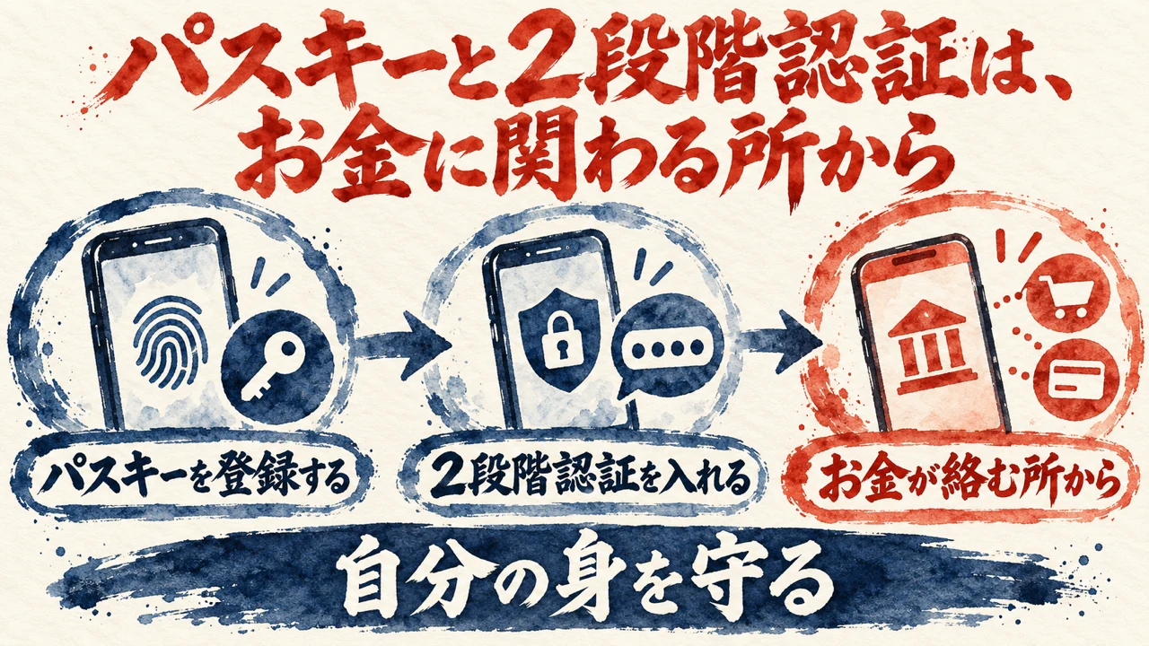 図解。パスキーを登録する、2段階認証を入れる、お金が絡む所から、の三つの札に、スマートフォンと指紋の水彩画が描かれている。見出しはパスキーと2段階認証は、お金に関わる所から