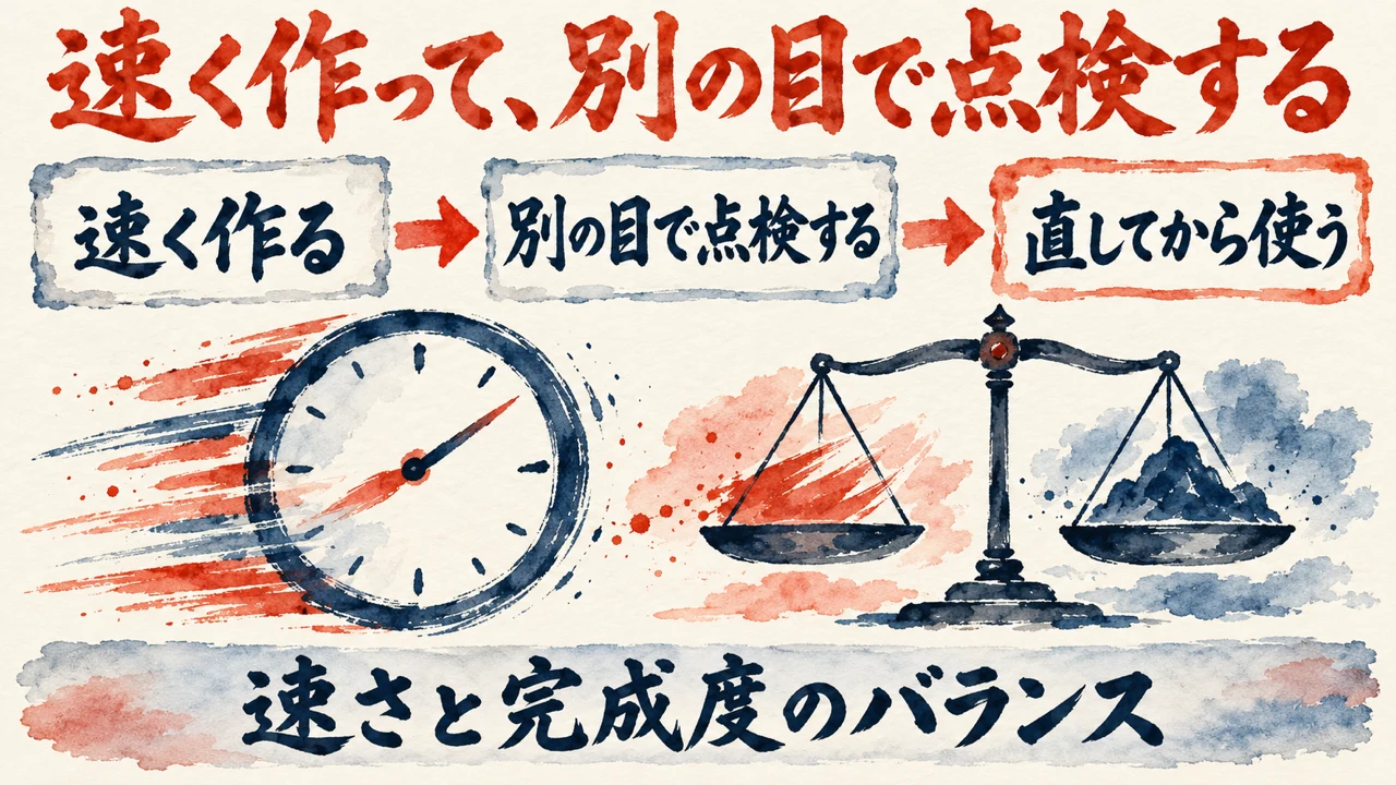 図解。速く作る、別の目で点検する、直してから使う、の三つの札が矢印で並び、時計と天秤の水彩画が添えられている