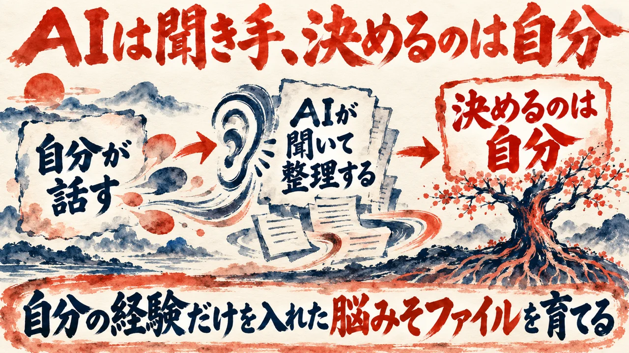 話すのは自分、AIは聞いて整理する役、決めるのは自分。脳みそファイルを育てる流れ、と描いた水彩の図解