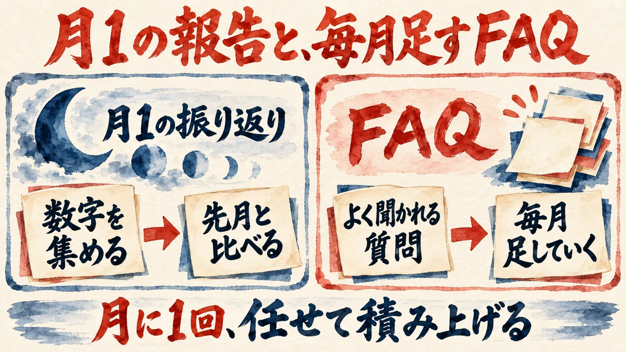 月1の振り返りとFAQを並べた図解。左は、数字を集めて先月と比べる月1の振り返り、右は、よく聞かれる質問を毎月足していくFAQ