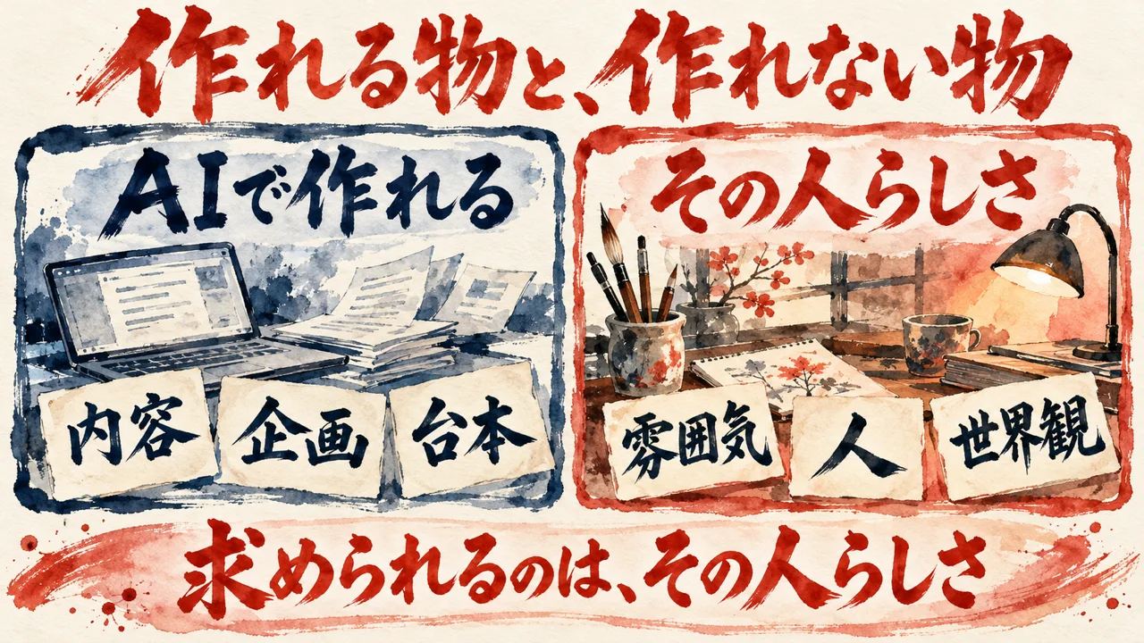 左のAIで作れる内容、企画、台本と、右のその人らしさの雰囲気、人、世界観を対比する水彩の図解